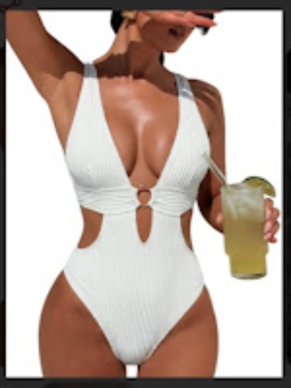 QGIUG Women's White High Cut One Piece Swimsuit Monokini – Ribbed Cutout Bathing